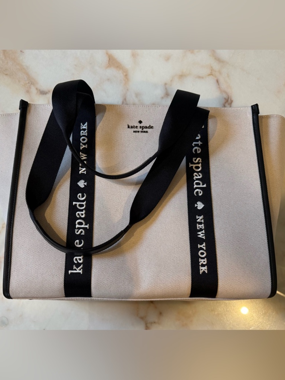 kate spade Neutral Canvas Tote with Black Logo Straps